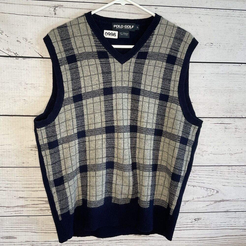 Vintage Polo Golf Ralph Lauren L‎ Mens Vest Blue Gray Windowpane 100% LambsWool